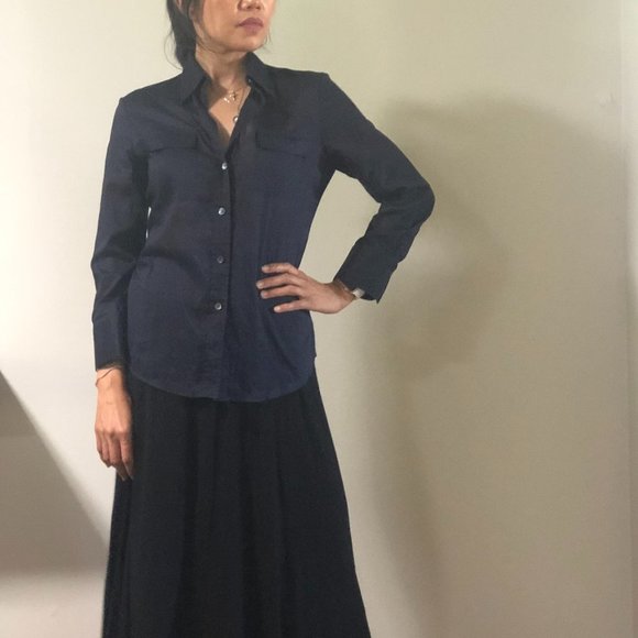 THEORY Navy Blue Collared Long Sleeve Blouse Size Small - Picture 1 of 9